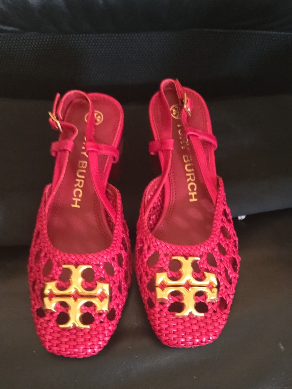Tory Burch Fuchsia Woven Slingback Sandals with Gold Logo